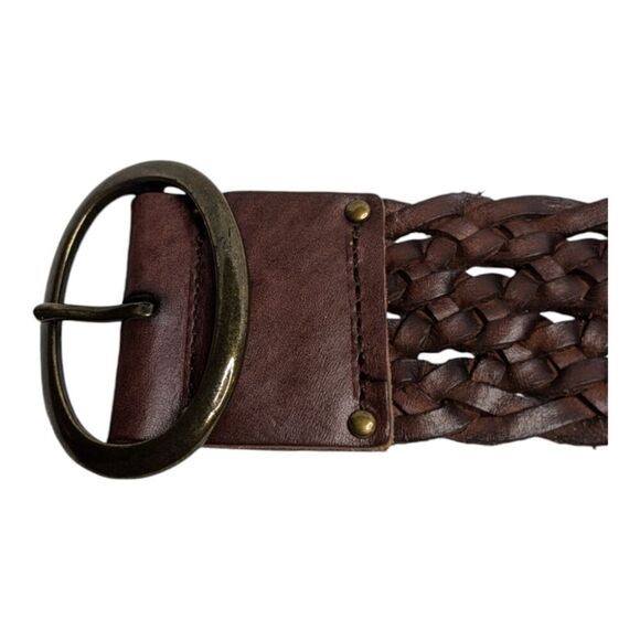 New! Tommy Bahama Brown Leather Wide Woven Antique Brass Buckle Belt, S main image 5